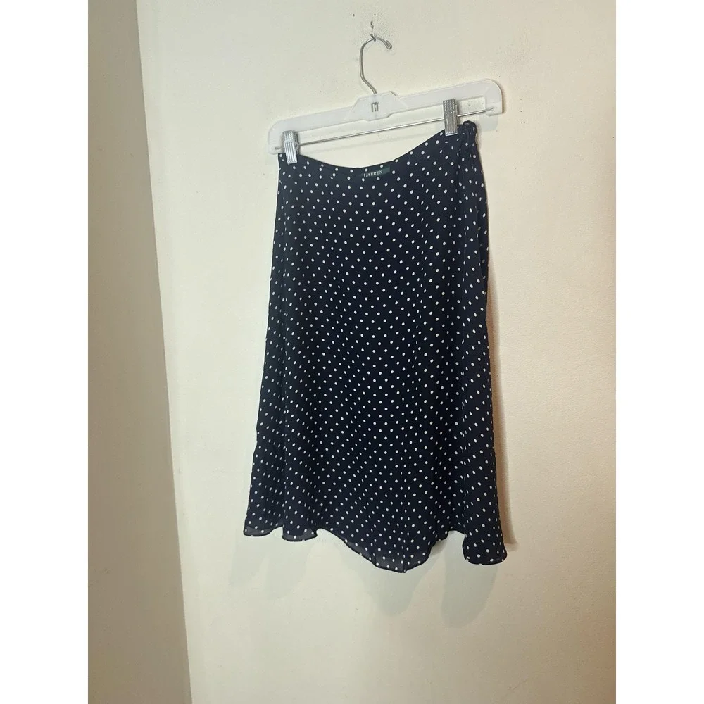 Lauren Ralph Lauren Skirt Womens 4P Petite Blue Polka Dot Silk A Line Midi Lined